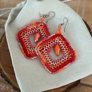 Handcrafted Beaded Square Earrings - Red and Orange